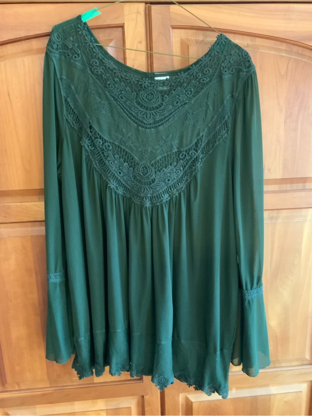 Boho Long Sleeve Mesh Overlay, Lace-Trim Tunic Deep Green XL, fully lined XL EUC